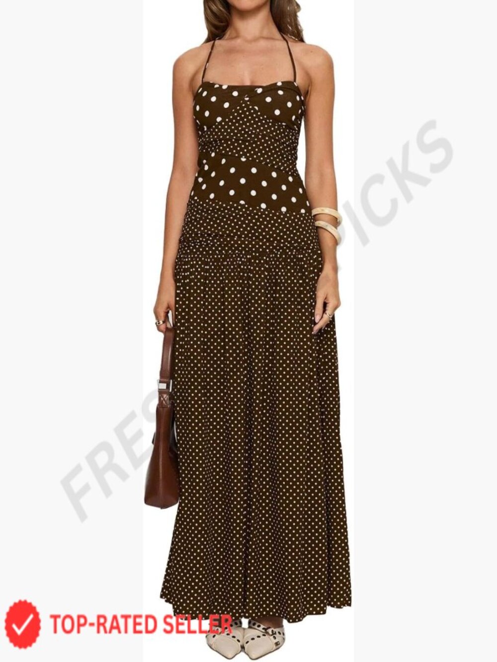 Polka Dot Halter Maxi Dress Flowy Backless Party Vacation Wear Sleeveless - Picture 1 of 6